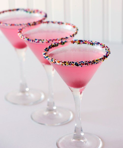 stacey-lane:
Birthday Cake Martini
1.5 ounces vanilla vodka
1.5 ounces cranberry juice
1/2 ounce champagne
Rim glass with Sprinkles (cake frosting helps to make them stick). Combine vodka and cranberry juice in an ice shaker, half-filled with ice cubes. Shake well. Strain into glass. Top with Champagne. Drop in cherry. Enjoy!
photo source: rock-ur-party.tablespoon.com
